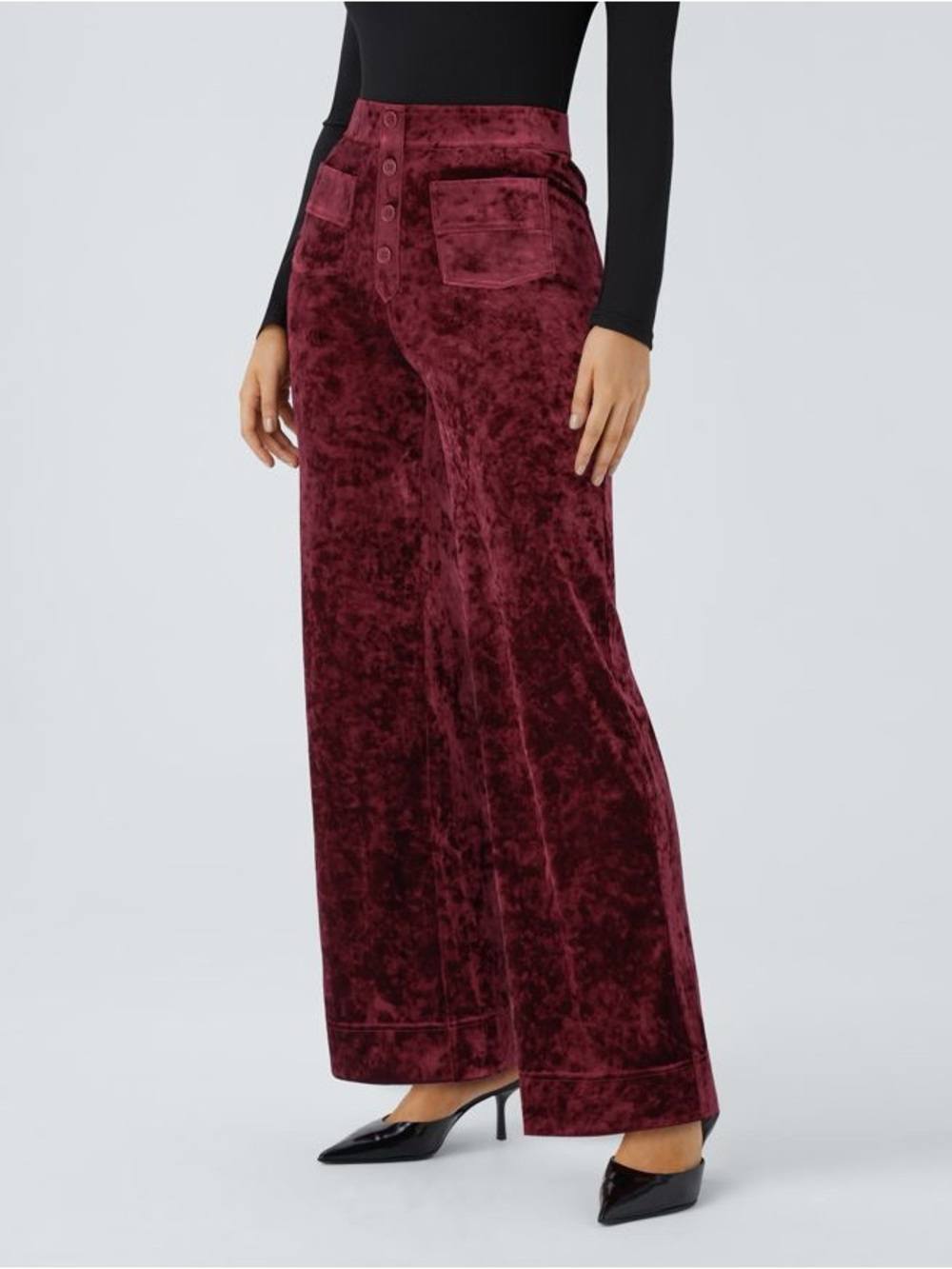 Halara‎ High Waisted Pockets Straight Leg Velvet Pants Medium Tall burgandy